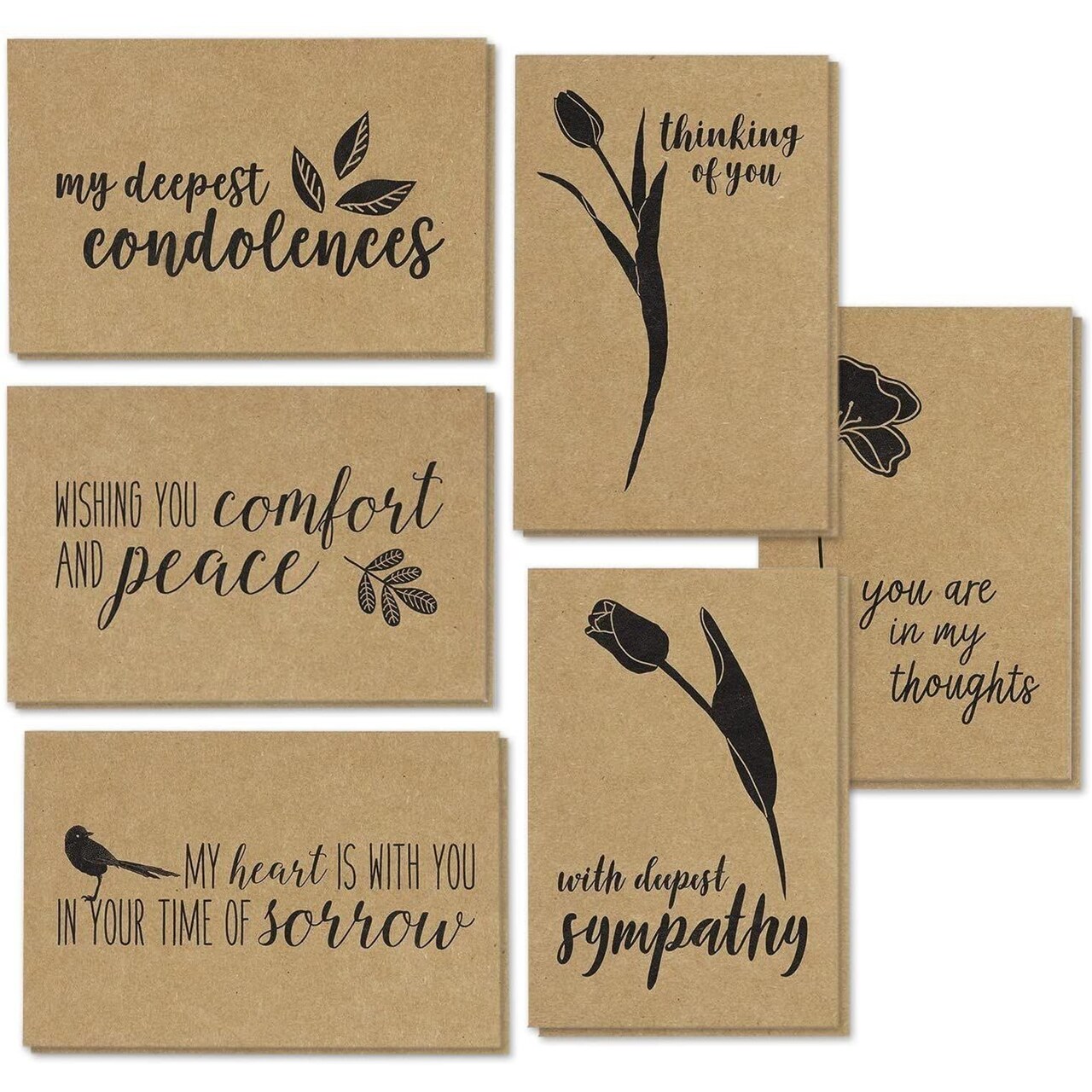 Kraft Paper Blank Sympathy Cards with Envelopes, 6 Designs (4 x 6 In, 72 Pack)